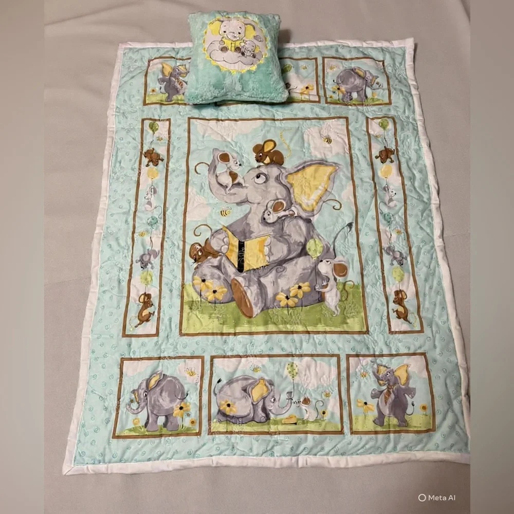 New Handmade Mint Elephant Baby Quilt and Accent Pillow Set